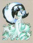 anthro black_body black_fur blue_eyes clothed clothing dress female flower fur gloves hair handwear leaf mammal mephitid plant rose_(flower) sandy_schreiber simple_background skunk solo white_background white_body white_fur white_hair