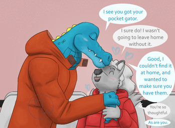 4_fingers 5_fingers anthro bent_arm black_lips black_nose blue_body blue_scales blue_text blush chair cheek_tuft clothed clothed_anthro clothed_male clothing coat dialogue duo eyebrows eyes_closed facial_tuft fingers fluffy fluffy_tail furniture grey_tail grey_text hair head_tilt heart_symbol hearts_around_head holding_object holding_plushie inner_ear_fluff interspecies kiss_on_forehead kissing larger_anthro larger_male leaning leaning_forward light lips logo love male male_anthro motion_lines multicolored_body multicolored_scales open_mouth open_smile orange_clothing orange_coat orange_topwear pink_background plushie ponytail red_clothing red_coat red_topwear saggy_neck scales scutes sharp_teeth simple_background size_difference smaller_anthro smaller_male smile speech_bubble standing tail tail_motion tailwag talking_to_another teeth text thick_bottom_lip topwear tuft two_tone_body two_tone_scales wavy_hair whisker_spots white_eyebrows white_hair white_inner_ear_fluff yelling yelling_at_another yellow_scutes skywater azrael_(tertia) nathile_tiduna alligatorid azurlligator canid canine canis crocodilian mammal reptile scalie wolf 2026 adobe_photoshop_(artwork) artist_logo colored digital_drawing_(artwork) digital_media_(artwork) english_description english_text hi_res lighting shaded