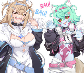 accessory animal_ears barking belt big_breasts black_clothing black_coat black_jacket black_topwear blonde_hair blue_body blue_nails blush bottomwear breasts choker cleavage clothed clothing coat collarbone colored_nails cosplay crop_top cybernetics electronics fake_horns fangs female fluffy_ears fur_coat fur_jacket green_eyes green_hair hair hair_accessory hair_between_eyes headgear headphones headset jacket jewelry lipstick machine makeup markings multicolored_hair nails necklace open_clothing open_jacket open_mouth open_topwear pink_markings pink_nails purple_lipstick red_sclera shirt short_hair shorts simple_background small_breasts tail teeth topwear two_tone_hair white_background white_bottomwear white_clothing white_crop_top white_shirt white_shorts white_topwear yellow_eyes pietheunusual cyberpunk_edgerunners hololive hololive_en my_hero_academia vtuber fuwawa_abyssgard mococo_abyssgard rebecca_(cyberpunk_edgerunners) toga_himiko animal_humanoid canid canid_humanoid canine canine_humanoid cyborg dog_humanoid humanoid mammal mammal_humanoid hi_res