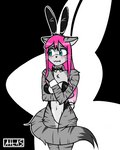 anthro arm_under_breasts blush blush_lines bow_(feature) bow_in_front bow_tie bunny_costume chest_tuft clothing costume curled_tail dipstick_tail embarrassed female fluffy fluffy_hips fluffy_tail fur green_eyes grey_body grey_fur hair hand_on_shoulder markings nervous pink_hair simple_background solo standing tail tail_markings tuft atlas_jkb domestic_cat felid feline felis mammal 4:5 watermark