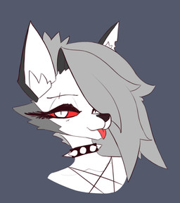 anthro blep collar female front_view fur grey_background grey_body grey_fur grey_hair hair half-closed_eyes inner_ear_fluff long_hair looking_at_viewer narrowed_eyes red_sclera simple_background smile solo spiked_collar spikes tongue tongue_out tuft white_body white_eyes white_fur alexsavenije hellaverse helluva_boss mythology loona_(helluva_boss) canid canid_demon canine demon hellhound mammal mythological_canine mythological_creature bust_portrait colored hi_res portrait