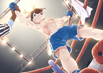 anthro antlers biped blue_bottomwear blue_clothing blue_eyes blue_gloves blue_handwear blue_shorts bodily_fluids bottomwear boxing boxing_gloves brown_hair clothed clothing defeated fight fighting_ring fur fur_tuft gloves hair handwear holding_arm horn inner_ear_fluff kemono low-angle_view male one_eye_closed referee shorts sport sweat tail topless topless_male tuft worm's-eye_view betsuto vikipedeer deer mammal hi_res