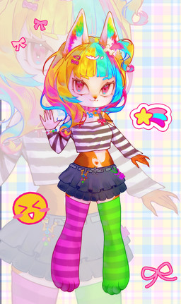 accessory anthro bottomwear chibi clothing collar crop_top female hair legwear multicolored_body multicolored_ears shirt skirt solo standing stockings topwear rumeru yusya_(loonvah) canid canine fox mammal absurd_res hi_res