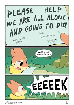 ambiguous_gender cape clothing dialogue feral grass outside paper plant rock shrub speech_bubble text muzzzzz nintendo pokemon pokemon_mystery_dungeon spike_chunsoft buizel clauncher generation_4_pokemon generation_6_pokemon generation_7_pokemon pokemon_(species) pyukumuku 2026 absurd_res comic digital_media_(artwork) english_text hi_res male_(lore)