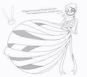 ellipsis female hyper hyper_pregnancy mask not_furry open_mouth pregnant question_mark solo text cyanu sebasdono glitch_productions the_amazing_digital_circus gangle_(tadc) animate_inanimate fabric_creature humanoid living_mask english_text monochrome