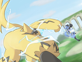 action_pose anthro battle biped black_body black_fur black_markings blue_body blue_eyes blue_fur chest_spike cloud crouching duo electricity electricity_manipulation elemental_manipulation energy_ball feet fight fighting_pose fur fur_markings grass markings open_mouth outside paws plant pose red_eyes ruins sky spikes spikes_(anatomy) standing tail tan_body tan_fur toes yellow_body yellow_fur herschel nintendo pokemon pokemon_unite canid felid generation_4_pokemon generation_7_pokemon legendary_pokemon lucario mammal pokemon_(species) zeraora digital_media_(artwork) hi_res