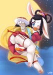 2019 anthro black_hair blue_eyes blush bracelet butt clothing female food fur hair hi_res jewelry lagomorph leporid long_hair looking_at_viewer mammal one_eye_closed pastry plate rabbit solo wolflong