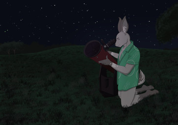 5_fingers anthro arms_bent bent_legs black_sky bottomless bottomless_anthro bottomless_male closed_smile clothed clothing eyebrows eyes_closed fingers fur fur_markings grass green_dress_shirt grey_body grey_eyebrows grey_fur grey_nose grey_tail hill inner_ear_fluff kneeling kneeling_on_ground male male_anthro markings mouth_closed multicolored_body multicolored_fur multicolored_tail nigght open_dress_shirt outside plant scut_tail short_tail side_view sky smile solo star stargazing starry_sky tail tail_markings telescope tree tuft white_inner_ear_fluff white_markings elcastorblanco darkclaw lagomorph leporid mammal rabbit 2023 colored digital_drawing_(artwork) digital_media_(artwork) english_description hi_res shaded