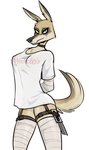 anthro box_cutter boxcutter breasts clothed clothing eyeshadow female green_eyes hands_behind_back improvised_weapon looking_at_viewer makeup melee_weapon shirt smile solo t-shirt teeth tight_clothing topwear weapon wrappings keadanger canid canine mammal hi_res