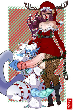 2_horns animal_genitalia animal_penis antlers areola arms_tied balls bdsm big_balls big_breasts big_penis blue_areola blue_nipples blue_penis bondage bound breasts brown_body brown_eyes brown_fur christmas_clothing christmas_headwear clothing crouching dress ear_tuft equine_genitalia equine_penis erection fingers fur fur_markings gag genitals gripping_hair gynomorph gynomorph/gynomorph hair hat headgear headwear heart_eyes heart_symbol holidays holly_(plant) horn intersex intersex/intersex knot knotted_penis leash legs_tied licking lipstick looking_at_viewer makeup markings mistletoe mistletoe_on_penis nipples nude oral penile penis penis_lick penis_under_skirt plant purple_hair red_clothing red_dress restraints ring_gag santa_hat sex simple_background smile submissive tail tongue tuft vein veiny_penis white_body white_fur white_hair frozenartifice christmas canid canine canis deer mammal wolf 2025 2:3 absurd_res digital_media_(artwork) hi_res