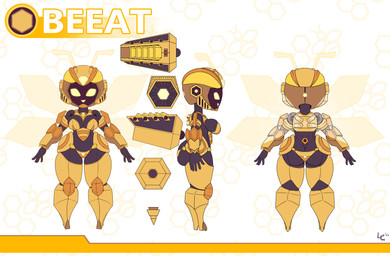antennae_(anatomy) armor beeat bikini_armor breasts butt cleavage clothed clothing dark_body dark_skin electronics engine feet female glowing honeycomb machine pose shortstack small_feet solo standing thick_thighs unconvincing_armor wide_hips wings yellow_eyes fuzzycogs beeat_(fuzzycogs) arthropod bee humanoid hymenopteran insect robot robot_humanoid absurd_res hi_res model_sheet