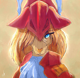 anthro ascot blonde_hair blue_eyes clothing coat eyelashes female hair hat headgear headwear jacket kerchief looking_at_viewer solo topwear whiskers winged_helmet zidanemina final_fantasy final_fantasy_ix square_enix freya_crescent absurd_res hi_res