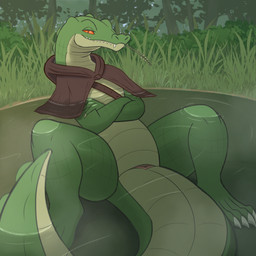 animal_genitalia anthro bedroom_eyes casual_nudity chewing_grass claws cloaca cloak clothing crossed_arms day detailed_background featureless_chest female flat_chested forest forest_background genitals grass green_body green_scales hooded_cloak horizontal_cloaca looking_at_viewer mostly_nude narrowed_eyes nature nature_background outside partially_submerged plant pupils reclining red_eyes scales seductive slit_pupils solo spread_legs spreading tail tailbutt thick_tail tree water ahatas alligator alligatorid crocodilian reptile scalie 1:1 hi_res