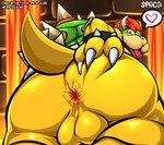 absurd_res anthro anus backsack balls big_butt bowser bracelet butt claws genitals hand_on_butt hand_on_own_butt heart_reaction heart_symbol hi_res holding_butt horn jewelry koopa lava looking_at_viewer looking_back low-angle_view male mario_bros nintendo perineum presenting presenting_hindquarters raised_tail rear_view red_eyes scalie shell solo spaca spiked_bracelet spikes spread_anus spread_butt spreading tail text tongue tongue_out worm's-eye_view yellow_body yellow_skin