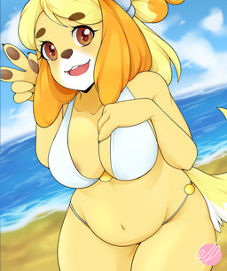 anthro areola areola_slip big_breasts bikini blonde_hair breasts brown_areola brown_eyes brown_nose clothing eyelashes female floppy_ears front_view fur gesture hair hand_gesture hand_on_chest looking_at_viewer lop_ears navel open_mouth overweight overweight_female pawpads slightly_chubby solo swimwear thick_thighs two-piece_swimsuit v_sign white_bikini white_body white_clothing white_fur white_swimwear wide_hips yellow_body yellow_fur weepinbelly animal_crossing nintendo isabelle_(animal_crossing) canid canine canis domestic_dog mammal shih_tzu toy_dog
