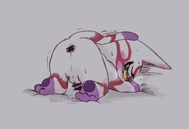after_sex anthro anus backsack balls bed blush bodily_fluids bodypaint cum cum_in_ass cum_inside face_paint fur furniture genital_fluids genitals looking_back male penis solo white_body white_fur hidane animal_crossing nintendo kabuki_(animal_crossing) domestic_cat felid feline felis mammal source_request unavailable_at_source