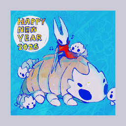 ambiguous_gender anthro blue_border border cloak clothed clothing feral group holding_melee_weapon holding_object holding_weapon holiday_message holidays larger_ambiguous melee_weapon musical_note musical_symbol on_another red_cloak red_clothing sitting size_difference smaller_ambiguous symbol text weapon yellow_text blipbugbug hollow_knight:_silksong hollow_knight_(franchise) new_year new_year_2026 team_cherry bell_beast hornet_(hollow_knight) arthropod 1:1 2025 english_text female_(lore) mother_(lore) mother_and_child_(lore) parent_(lore) parent_and_child_(lore)