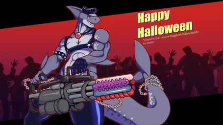 anthro bdsm chain clothing cosplay dildo dungeon_master flugegeheimen happy_halloween hat headgear headwear male sex_toy smile solo tail teeth text crazmax aquatic fish shark undead zombie 16:9 digital_media_(artwork) english_text hi_res widescreen