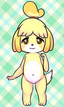 abstract_background anthro barely_visible_genitalia barely_visible_vulva brown_eyes featureless_chest feet female flat_chested fur genitals looking_at_viewer navel nude pattern_background simple_background smile solo standing vulva white_body white_fur yellow_body yellow_fur bunnag animal_crossing nintendo isabelle_(animal_crossing) canid canine canis domestic_dog mammal shih_tzu toy_dog digital_media_(artwork) shaded