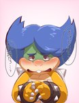 anthro black_eyes blue_eyebrows blue_hair blush bodily_fluids bracelet eyebrows fangs hair jewelry male shell simple_background solo spiked_shell spikes spikes_(anatomy) sweat sweatdrop teeth text lsampa6mlwoadn7 mario_bros nintendo koopaling ludwig_von_koopa koopa scalie hi_res japanese_text translated