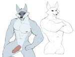 2022 abs anthro balls black_sclera canid canine canis death_(puss_in_boots) dreamworks erection fur genitals grey_body grey_fur hi_res humanoid_genitalia humanoid_penis jrjresq looking_at_viewer male mammal muscular muscular_anthro muscular_male navel nipples nude pecs penis pink_penis puss_in_boots_(dreamworks) solo teeth wolf