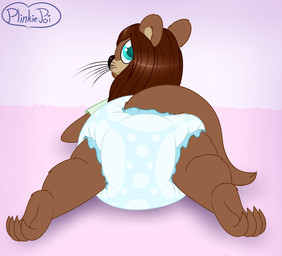 anthro big_diaper clean_diaper clothed clothing diaper female foreshortening lying on_front rear_view solo wearing_diaper plinkiepoi mammal mustelid otter hi_res