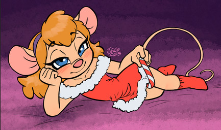 anthro blue_eyes blush candy candy_cane clothing dessert dress female food footwear holidays lying on_side pose smile socks solo teasing young young_anthro soulcentinel chip_'n_dale_rescue_rangers christmas disney gadget_hackwrench mammal mouse murid murine rodent 2023 pinup