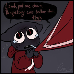 ambiguous_anthro ambiguous_gender anthro black_border bodily_fluids border clothing dialogue grey_background red_clothing simple_background solo speech_bubble tears text crow-ig cult_of_the_lamb massive_monster_(studio) narinder domestic_cat felid feline felis mammal 2025 digital_drawing_(artwork) digital_media_(artwork) english_text hi_res signature