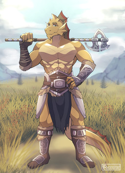 5_fingers abs anthro armor axe battle_axe bone_frill boots bottomwear bracers clothing detailed_background fingers footwear frill_(anatomy) gold_scales hand_on_hip loincloth looking_at_viewer male melee_weapon muscular muscular_anthro muscular_male outside shoes smile smiling_at_viewer solo tail weapon ryukimori bethesda_game_studios microsoft mythology skyrim the_elder_scrolls patrick_(lunchmeat) dragon gold_dragon mythological_creature mythological_scalie scalie 2021 digital_media_(artwork) hi_res