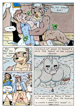 abs anthro barazoku biceps black_nose black_sclera blue_clothing blue_eyes brown_body brown_eyes brown_fur brown_hair bulge clothed clothing comic_panel dialogue fur glowing glowing_eyes hair healing healing_magic high-angle_view macro macro_anthro macro_male male manly markings multicolored_body multicolored_fur muscular muscular_anthro muscular_male overweight overweight_male pecs sea ship speech_bubble tail teal_body text trad tribal tribal_markings underwear vehicle water watercraft wet dashthefox kai_(dash_fox) marteau bear mammal mustelid otter absurd_res comic english_text hi_res traditional_media_(artwork)