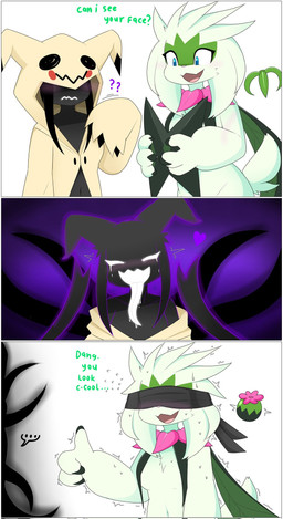 anthro anthrofied black_body black_fur blindfold blue_eyes blush bodily_fluids breasts clothed clothing dialogue duo ellipsis female fur gesture green_body green_fur hand_gesture heart_symbol hood hoodie long_sleeves long_tongue mask maskless medium_breasts navel open_mouth pokemorph purple_background question_mark saliva shaking simple_background smile sweat tail text thumbs_up tongue tongue_out topwear unmasked unmasking white_background white_eyes white_mouth white_tongue nakachidragon nintendo pokemon kyu-cha_(naka) mossy_(naka) felid feline generation_7_pokemon generation_9_pokemon mammal meowscarada mimikyu pokemon_(species) 2025 comic digital_media_(artwork) english_text hi_res