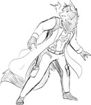 anthro claws clothing coat male simple_background solo surprised_expression topwear white_background drdeadman bow_(bowhuskers) canid canine canis mammal wolf 2021 greyscale hi_res monochrome sketch