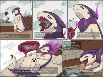 ambiguous_gender ambiguous_pred ambiguous_prey anthro asking_another black_body black_fur bodily_fluids brown_pawpads dialogue duo ellipsis endosoma eyes_closed feral fire fur grey_body grey_fur hand_on_own_belly healing_vore inside_stomach internal larger_pred looking_at_another lying narrowed_eyes neck_bulge on_back open_mouth oral_vore pawpads purple_body purple_fur red_eyes safe_vore saliva saliva_string sharp_teeth size_difference speech_bubble swallowing tail talking_to_another teeth text text_box therapy tongue tongue_out vore harker_(artist) nintendo pokemon generation_3_pokemon generation_8_pokemon hisuian_form hisuian_typhlosion pokemon_(species) poochyena regional_form_(pokemon) comic english_text hi_res pictographics
