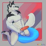 anthro balls black_body black_fur black_markings fur genitals knot lgbt_pride looking_at_viewer male markings multicolored_outline muscular muscular_male nude outline penis pride_color_outline pride_colors simple_background solo vincian_pride_colors white_body white_fur kuma-arts canid canine canis mammal wolf hi_res promotional_material