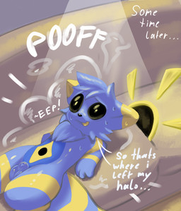 animal_genitalia anthro balls blue_body blue_fur dialogue fur furniture genitals halo male multicolored_body multicolored_fur reformation semi-anthro sheath sofa solo text time_skip yellow_body yellow_fur vuchs rain_world videocult astral_(jeddy) slugcat absurd_res english_text hi_res