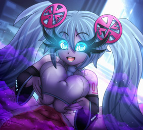 anthro big_breasts blue_hair breast_play breast_squeeze breasts bulge clothing duo dutch_angle female first_person_view genitals glowing glowing_eyes hair interspecies looking_at_viewer male male/female not_furry_focus open_mouth penis pigtails sex smile solo_focus squeezing titfuck vrabo vocaloid hatsune_miku humanoid absurd_res hi_res