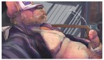 2023 anthro baseball_cap beard bodily_fluids brokowski canid canine clothed clothing cum cum_spurt cumshot ejaculation erection facial_hair foreskin genital_fluids genitals hairy hat hat_over_eyes headgear headwear male mammal manly masturbation mature_male moobs mustache navel nipples open_clothing open_shirt open_topwear penis pubes reclining shirt slightly_chubby solo topwear vein veiny_penis