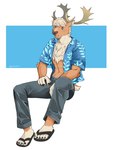 aloha_shirt anthro antlers blue_eyes bottomwear brown_body brown_fur clothing fluffy_chest footwear fur horn male pants pattern_clothing pattern_shirt pattern_topwear sandals shirt shoes solo topwear harukaze110 lifewonders tokyo_afterschool_summoners yule_(tas) deer mammal new_world_deer reindeer hi_res