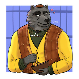 anthro bowl brown_clothing brown_hat brown_headwear brown_topwear brown_vest clothed clothing container fur green_clothing green_shirt green_topwear grey_body grey_fur hat headgear headwear jacket jewelry male necklace shirt solo topwear vest wooden_spoon yellow_clothing yellow_jacket_(clothing) yellow_topwear apolaskiart don't_eat_the_neighbours bear_(don't_eat_the_neighbours) bear mammal 1:1 2026 absurd_res digital_media_(artwork) hi_res