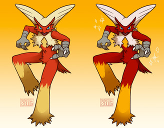 3_fingers anthro blue_eyes claws comparison feathers fingers gradient_background looking_at_viewer red_body red_feathers simple_background solo sparkles white_claws yellow_body yellow_feathers yellow_sclera skdaffle nintendo pokemon blaziken generation_3_pokemon pokemon_(species) shiny_pokemon 2016 digital_drawing_(artwork) digital_media_(artwork)