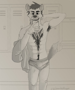 anthro armpit_hair body_hair bulge chest_hair clothing gym locker locker_room male selfie shirtless_male solo tongue tongue_out underwear beardeddoggo hyena mammal hi_res