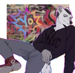 anthro black_clothing black_hair black_nose blue_eyes blurred_background boots bottomwear clothing countershade_arms countershade_ears countershading denim denim_bottomwear denim_clothing footwear fur gradient_fur grey_bottomwear grey_clothing grey_ears grey_pants hair hoodie jeans male nails nub_tail outline pants red_boots red_clothing red_footwear shoes smile solo teeth topwear white_body white_fur mude lun_(lunerman) bear mammal polar_bear ursine absurd_res hi_res