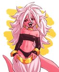 andoid_21 breasts cleavage clothed clothing ear_piercing ear_ring female hair humanoid_pointy_ears long_hair not_furry piercing pink_body pink_skin pointy_ears red_eyes ring_piercing simple_background solo white_hair sixpocket dragon_ball dragon_ball_fighterz majin_android_21 alien alien_humanoid humanoid majin hi_res signature