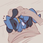 ambiguous_gender anthro blue_body duo fingers sleeping sound_effects tail vowelless vowelless_sound_effect young young_anthro zzz advos nintendo pokemon generation_4_pokemon human mammal pokemon_(species) riolu 1:1