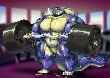 anthro barbell big_muscles biped blue_body blue_scales bodily_fluids casual_nudity collar collar_only exercise featureless_crotch holding_object huge_muscles indoor_nudity inside male muscular muscular_anthro muscular_male nude nude_anthro nude_male nude_workout scales solo standing sweat weightlifting workout yellow_body yellow_eyes yellow_scales vdisco reptile scalie snake hi_res