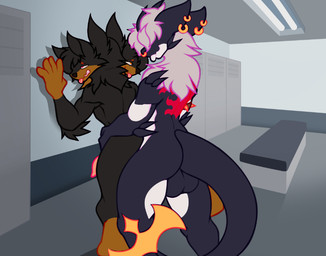 against_surface against_wall ahegao anthro balls_deep duo hair hair_over_eye locker_room looking_pleasured male male/male multi_head muscular penetration tattoo anonymous_artist european_mythology greek_mythology mythology bishop_(ghastly) canid canid_demon canine cerberus demon dragon hellhound mammal mythological_canine mythological_creature mythological_scalie scalie