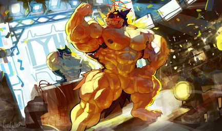 4_toes 5_fingers ^_^ anthro areola armband barazoku big_muscles black_body black_fur blue_body blue_fur bodily_fluids claws detailed_background duo electronics eye_scar eyes_closed eyewear eyewear_on_head eyewear_only facial_scar featureless_crotch feet fingers flexing flexing_bicep fur glowing glowing_eyes goggles goggles_on_head goggles_only hand_on_headphones hand_on_leg hand_on_own_leg hand_on_own_thigh hand_on_thigh headphones huge_muscles legband looking_at_viewer male motion_lines muscular muscular_male nipples nude open_mouth open_smile pose red_eyes scar smile solo_focus stage stage_lights sweat sweaty_chest text thighband toe_claws toes toothy_grin vein veiny_muscles white_body white_sclera yellow_body goofyahdragons nintendo pokemon generation_2_pokemon pokemon_(species) typhlosion 2025 artist_name digital_drawing_(artwork) digital_media_(artwork) full-length_portrait half-length_portrait hi_res portrait