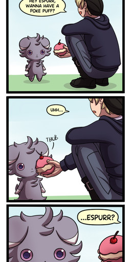 ambiguous_gender beanie blank_stare blonde_hair cake cherry clothing crouching dessert dialogue duo food fruit fur gloves_(marking) grey_body grey_fur hair hat headgear headwear humor male markings o_o pink_sclera plant poke_puff purple_eyes short_hair text unknown_artist nintendo pokemon pokemon_amie pokemon_trainer espurr felid generation_6_pokemon human mammal pokemon_(species) comic english_text hi_res source_request