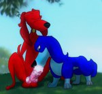 balls big_balls big_penis blue_eyes blurred_background bodily_fluids cum cum_in_mouth cum_inside duo eyes_closed female feral fur genital_fluids genitals male male/female narrowed_eyes oral oral_penetration penetration penis red_body red_fur udbebu ruff_ruff_danger_dogs hugo_(ruff_ruff_danger_dogs) khloe_(ruff_ruff_danger_dogs) canid canine canis domestic_dog mammal hi_res