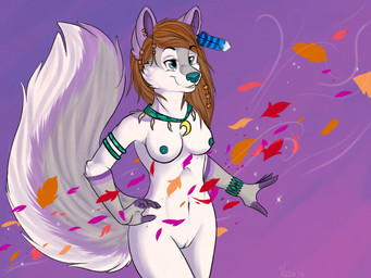 accessory anthro beads biped blue_eyes bracelet breasts crescent_moon falling_leaves feathers female fingerless_(marking) fluffy fluffy_tail fur genitals gloves_(marking) hair hair_accessory hair_beads jewelry leaf long_hair markings moon necklace nipples nude purple_background simple_background smile solo standing tail tribal vulva wind vizza canid canine canis mammal wolf